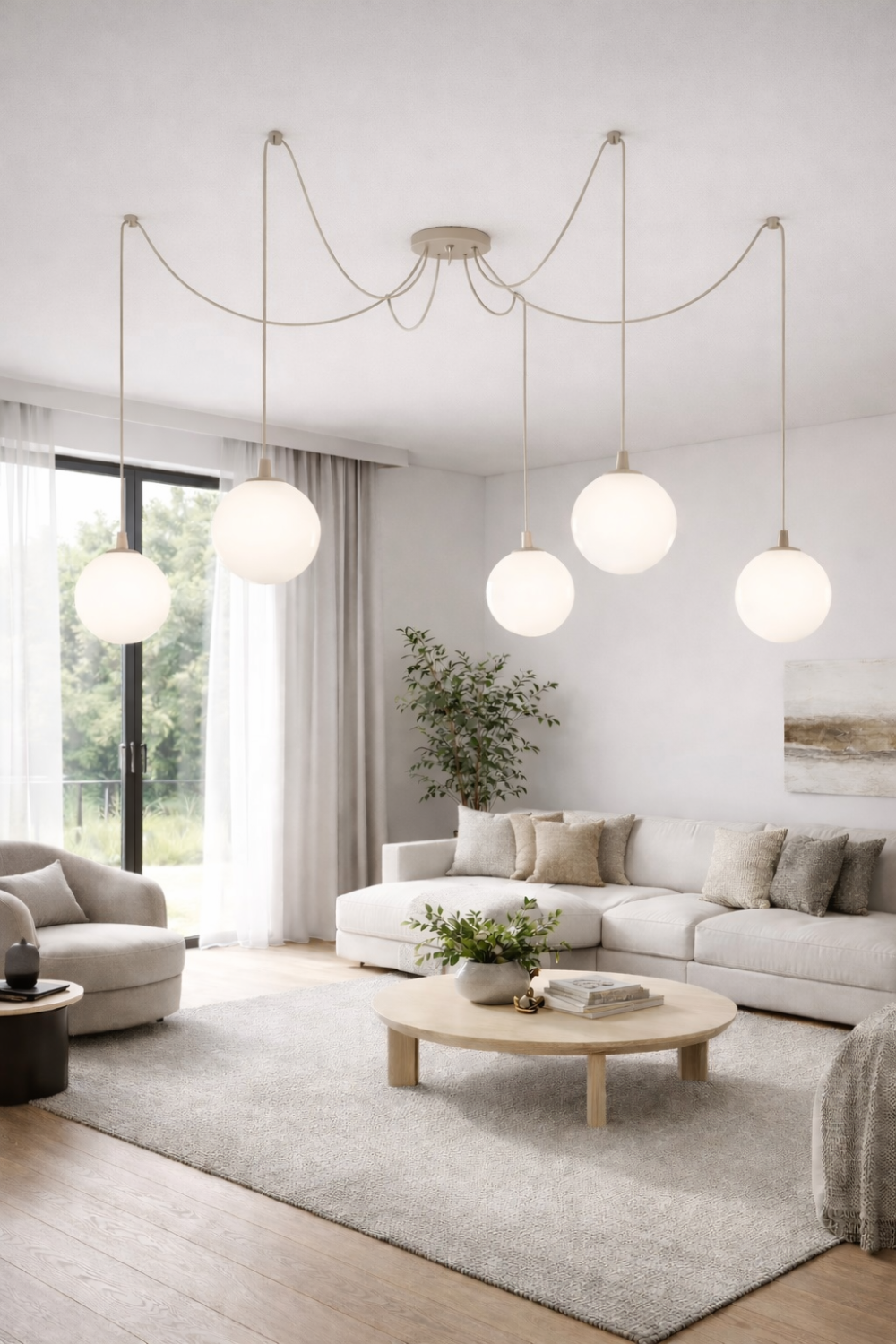LAMPA WISZĄCA SPIDER PAJĄK SPYDER 5xE27 SZKLANE KULE KASZMIR BEŻ LED