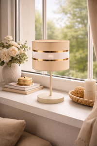 LAMPKA NOCNA STOŁOWA BEŻOWY ABAŻUR ZŁOTE PASY KASZMIR JASNY BEŻ LED E27 DO SALONU