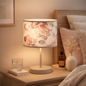 NOWOCZESNA LAMPKA NOCNA STOŁOWA ABAŻUR Z MATERIAŁU PIWONIE KASZMIR LED E27