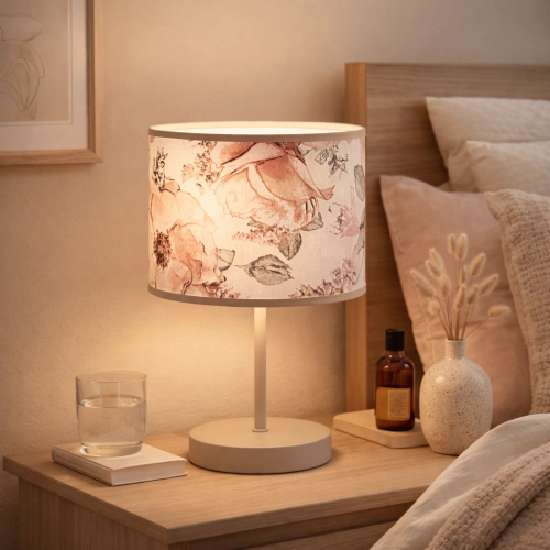 NOWOCZESNA LAMPKA NOCNA STOŁOWA ABAŻUR Z MATERIAŁU PIWONIE KASZMIR LED E27