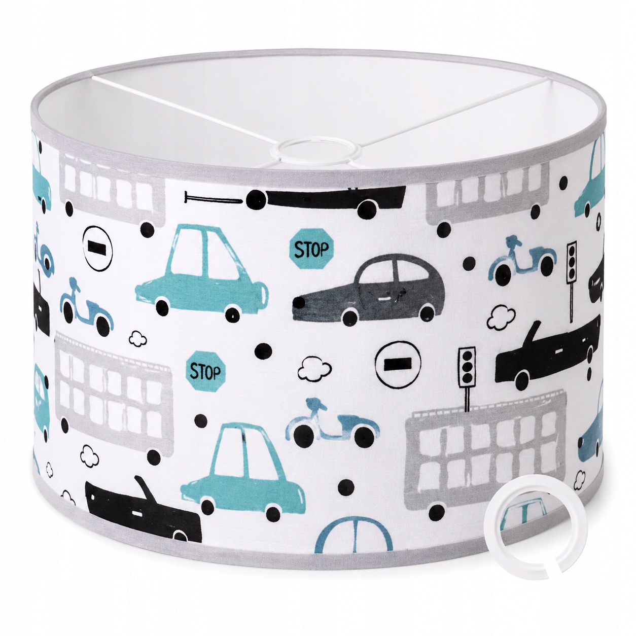 ABAŻUR Z MATERIAŁU DO LAMP WISZĄCYCH 35x20cm WALEC E27 E14 AUTKA SAMOCHODY