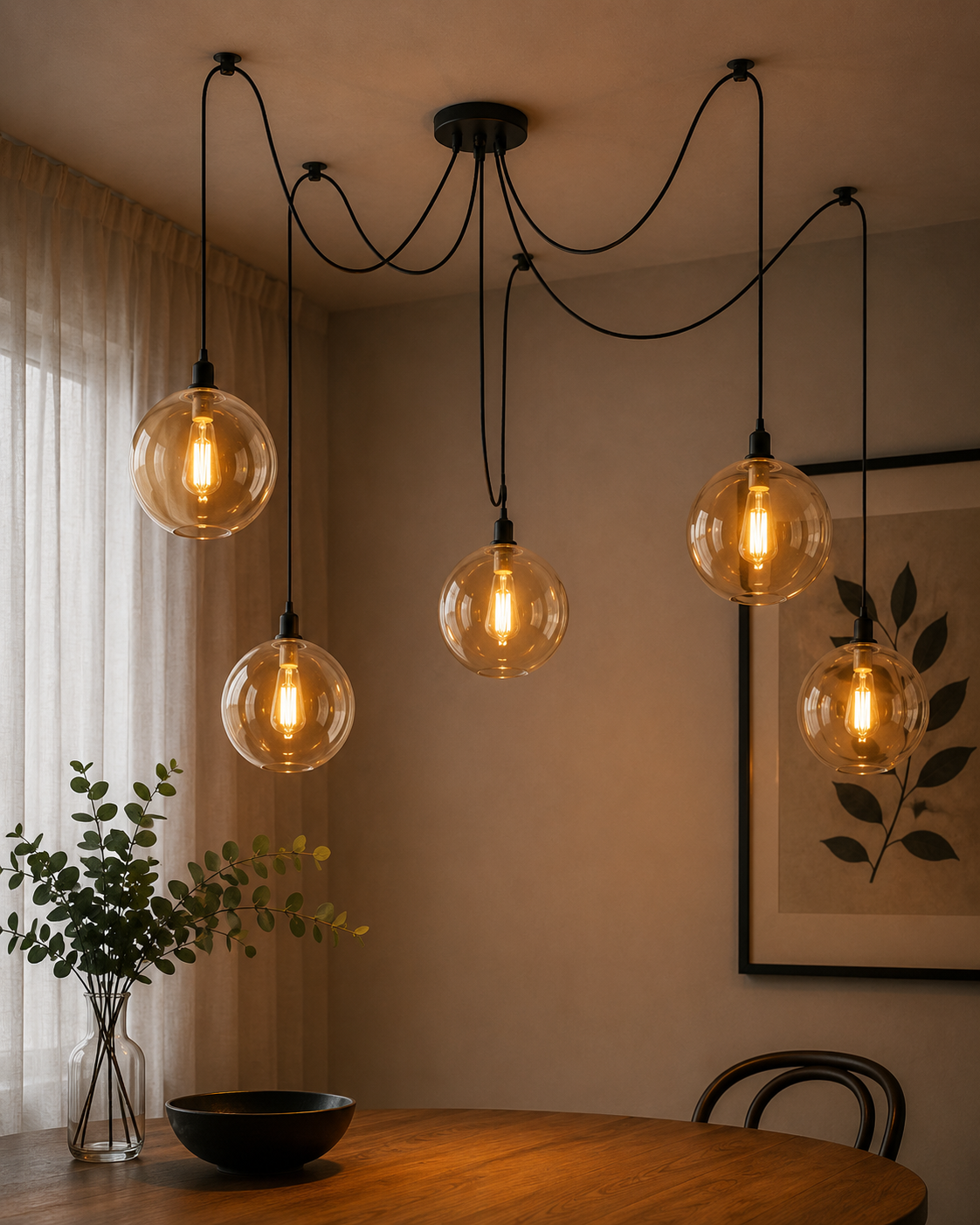 LAMPA SUFITOWA WISZĄCA SPIDER PAJĄK SZKLANE KULE PIĘĆ RAMION G9