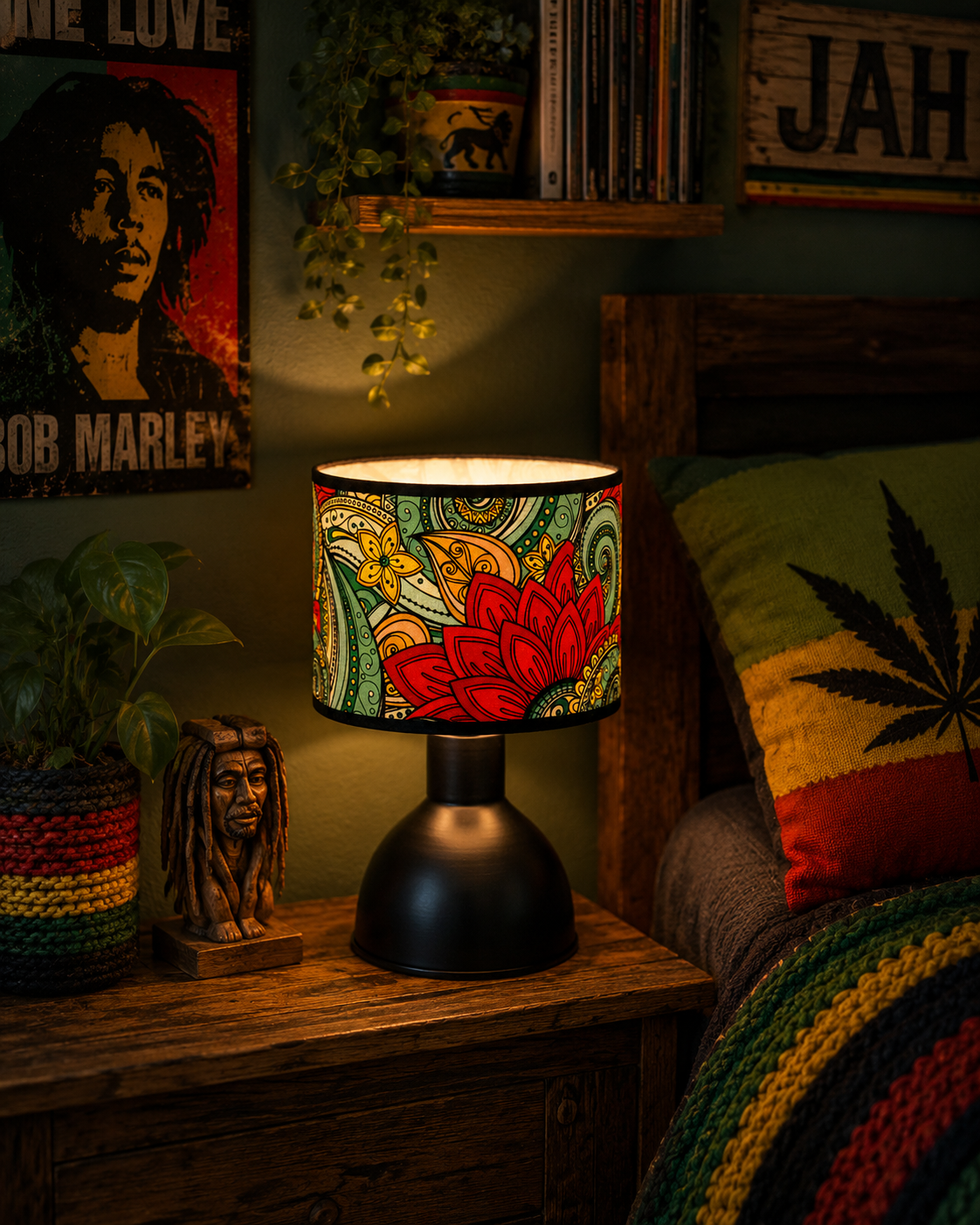 LAMPKA NOCNA STOŁOWA METALOWA Z ABAŻUREM RASTA REGGAE LED E27 